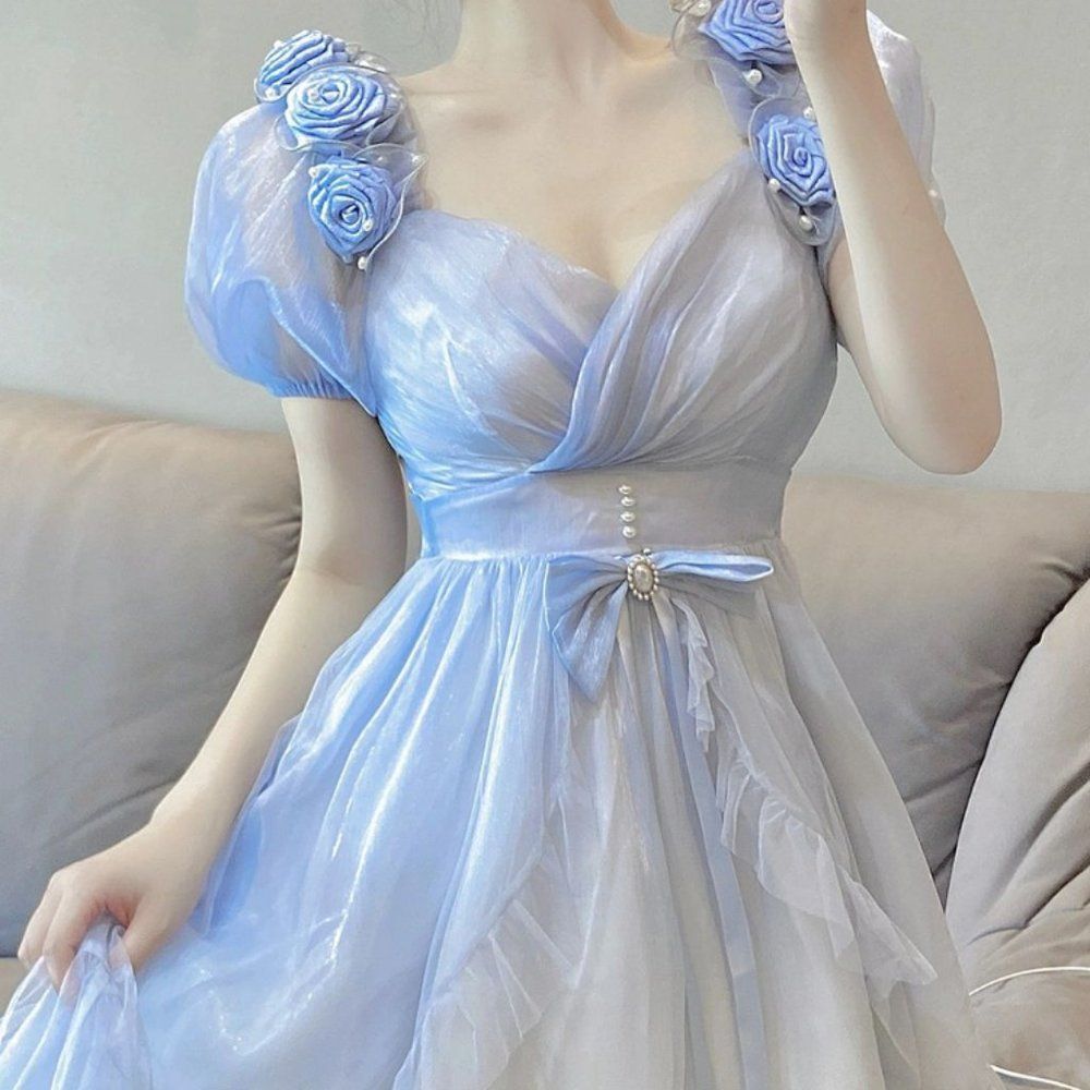 Blue Rose Bubble Sleeve Gradient Princess Lolita Women Dress #1259 - Picture 1 of 6